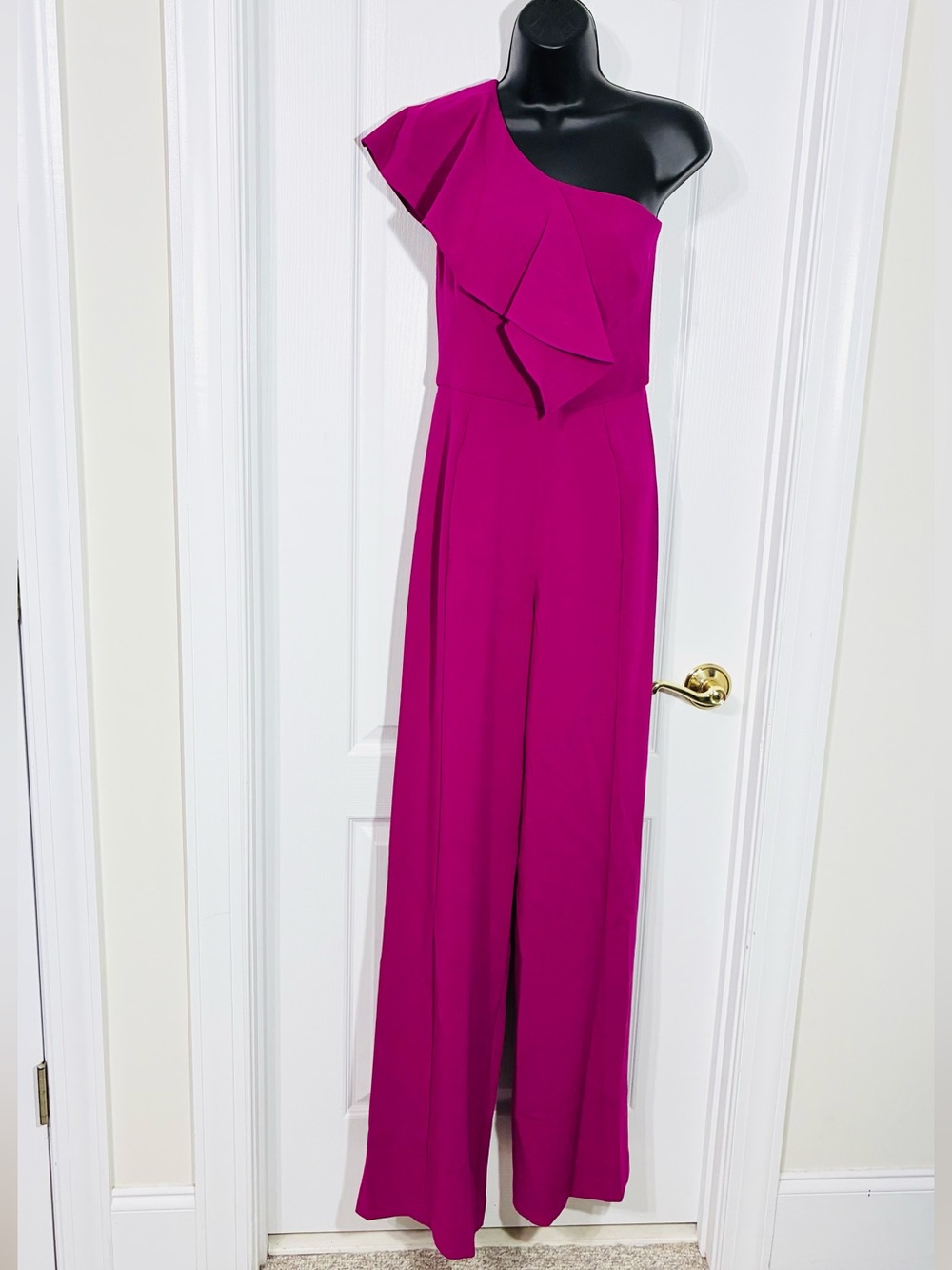 Black Halo EVE Jackie O One Shoulder Ruffle Wide Leg Jumpsuit Fuchsia Size 2